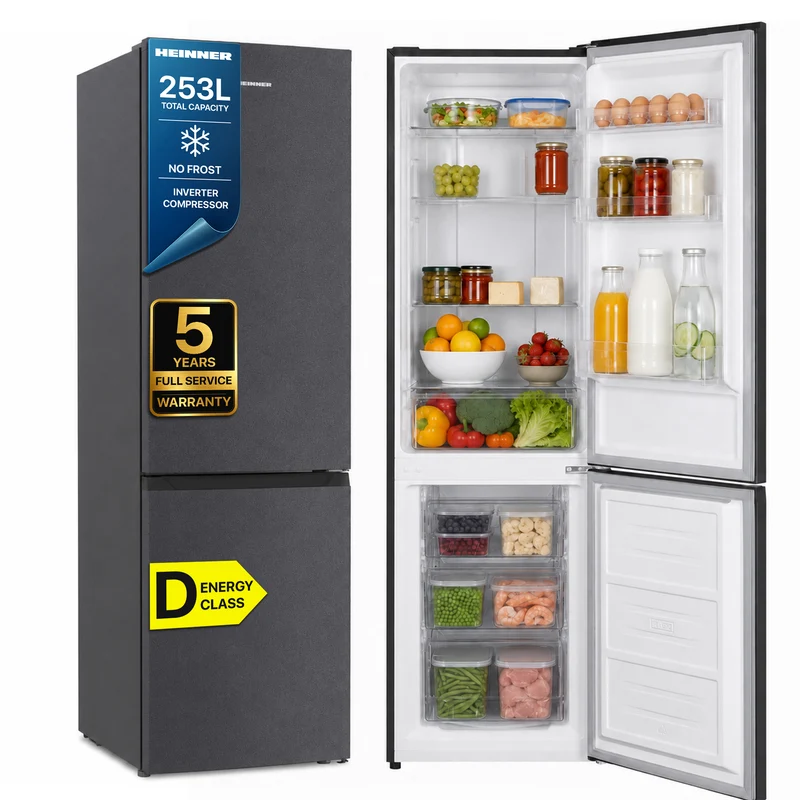 Heinner HCNF-HM253INVDGD Koel-vriescombinatie – 253 L – Total No Frost – Inverter Compressor – Energieklasse D – Elektronische Bediening met Instelbare Thermostaat – LED-verlichting – Antraciet – 5 Jaar Garantie