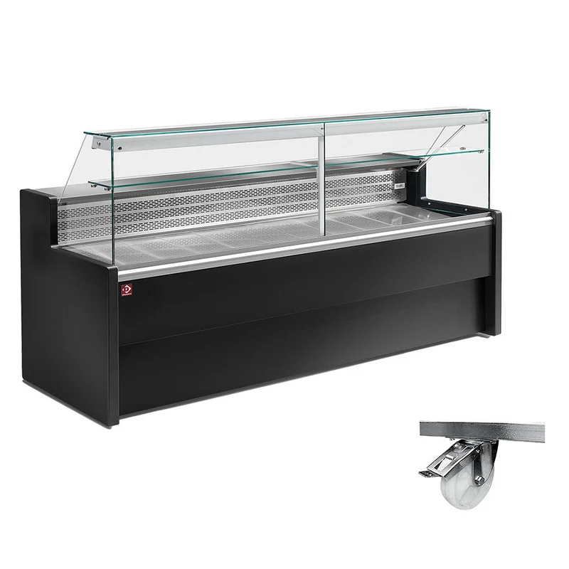 Refrigerated display counter with straight glass panel 90°, with reserve - BLACK + Option: Frame on 4 wheels, 2 with brakes - RO30/B5R2_C4RHL-SPEC