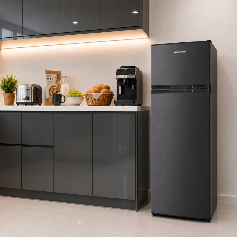 Heinner HF-H2206DGE++ Koel-vriescombinatie 206 L – Instelbare Thermostaat – LED-verlichting – Omkeerbare Deur – Antraciet