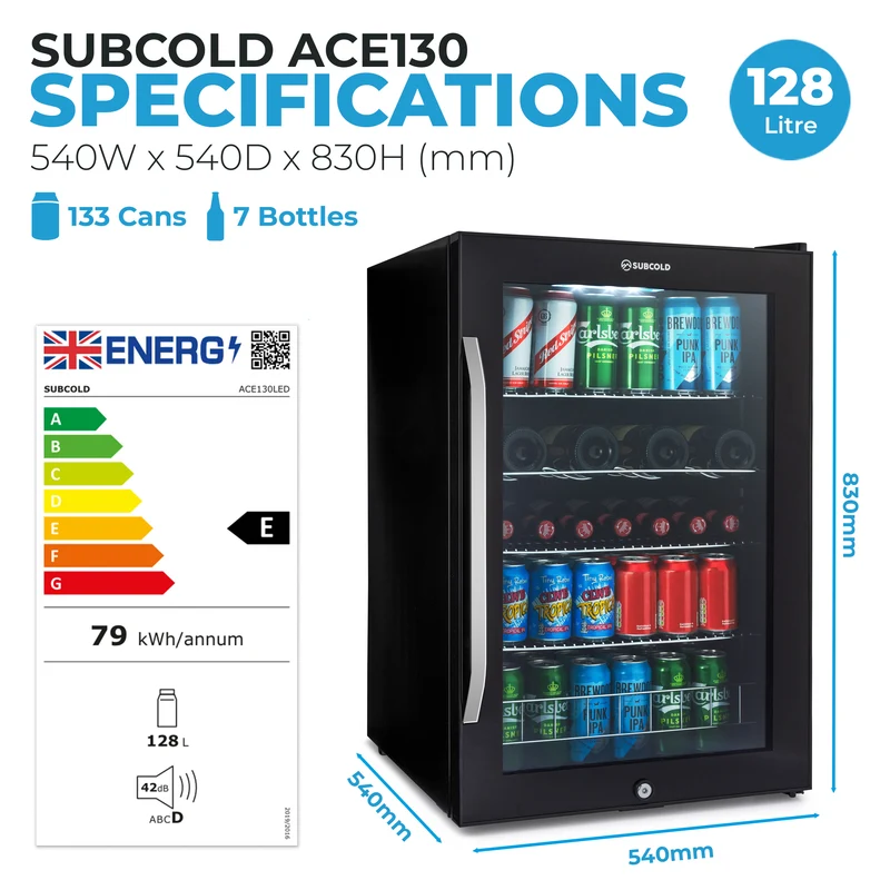 Subcold Ace 130 LED Touch Control Beer Fridge - Black | Refurbished