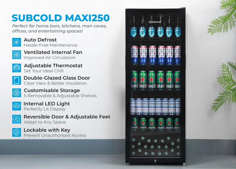 Subcold MAXI250LED Tall Drinks Fridge - 237L Glass Door Beer Fridge for Home Bar & Man Cave - Black