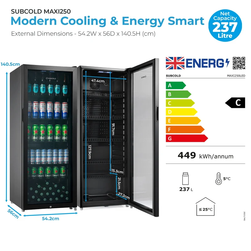 Subcold MAXI250LED Tall Drinks Fridge - 237L Glass Door Beer Fridge for Home Bar & Man Cave - Black
