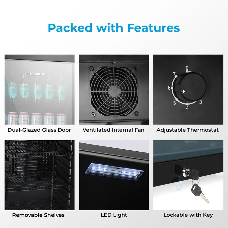 Subcold MAXI250LED Tall Drinks Fridge - 237L Glass Door Beer Fridge for Home Bar & Man Cave - Black