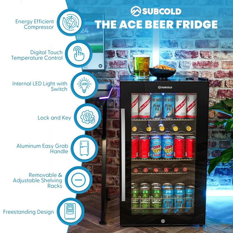 Subcold Ace 100 Beer Fridge Black - 95L Lockable Drinks Fridge for Home Bars, Gaming Rooms & Man Caves