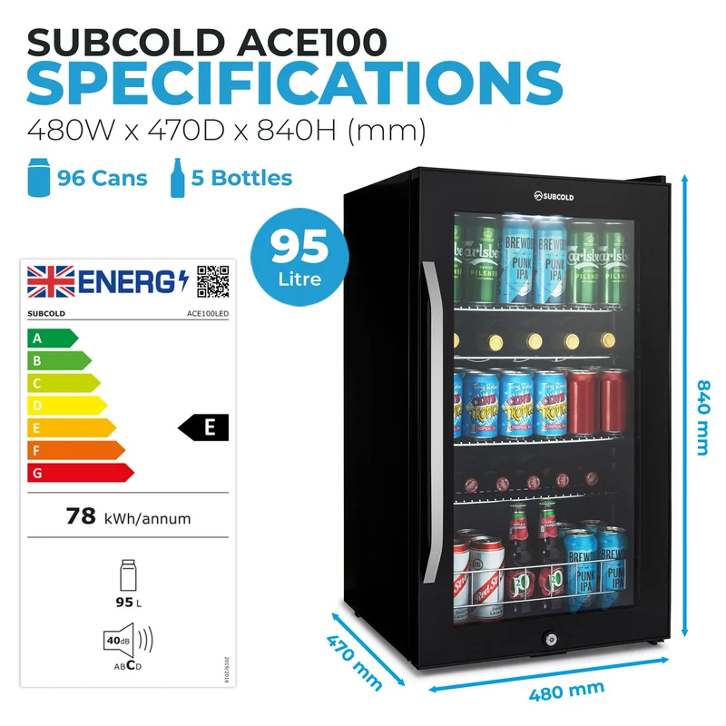 Subcold Ace 100 Beer Fridge Black - 95L Lockable Drinks Fridge for Home Bars, Gaming Rooms & Man Caves
