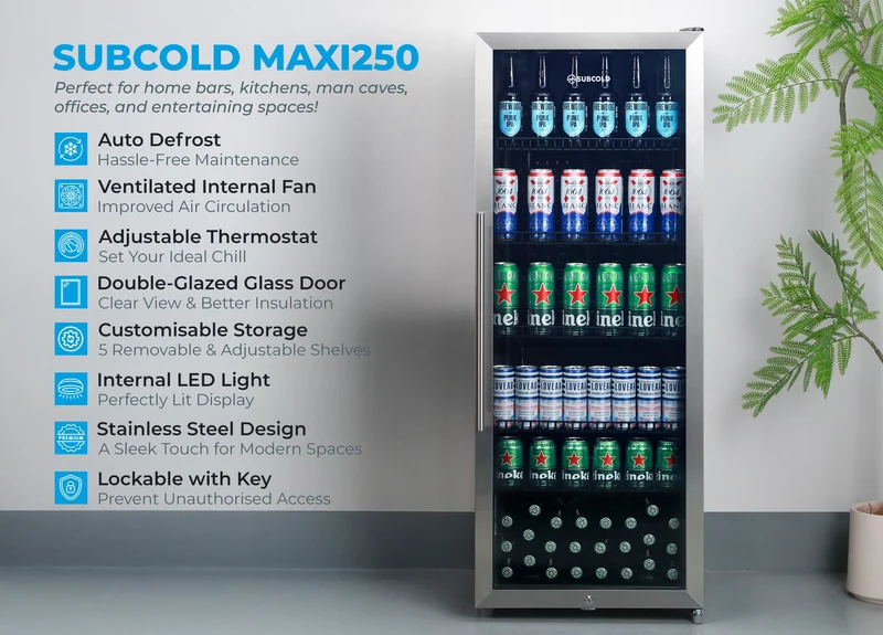 Subcold MAXI250LED Tall Drinks Fridge – 237L Glass Door Beer Fridge for Home Bar & Man Cave - Stainless Steel