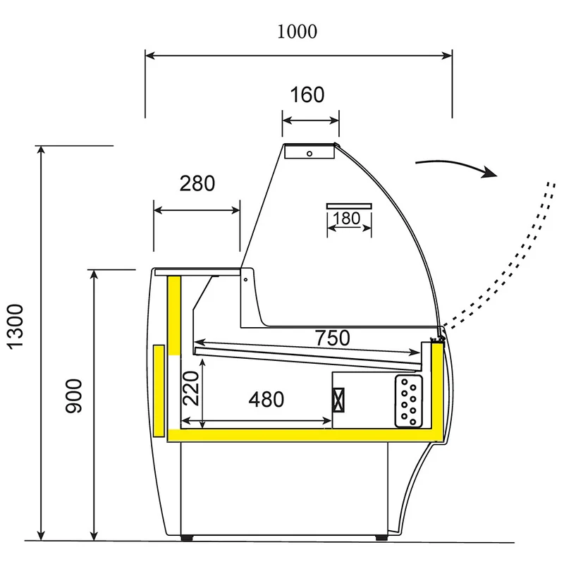 Kühltheke mit gebogener Frontscheibe, Umluft und Reservefach - SCHWARZ - MA15/B5-R2V