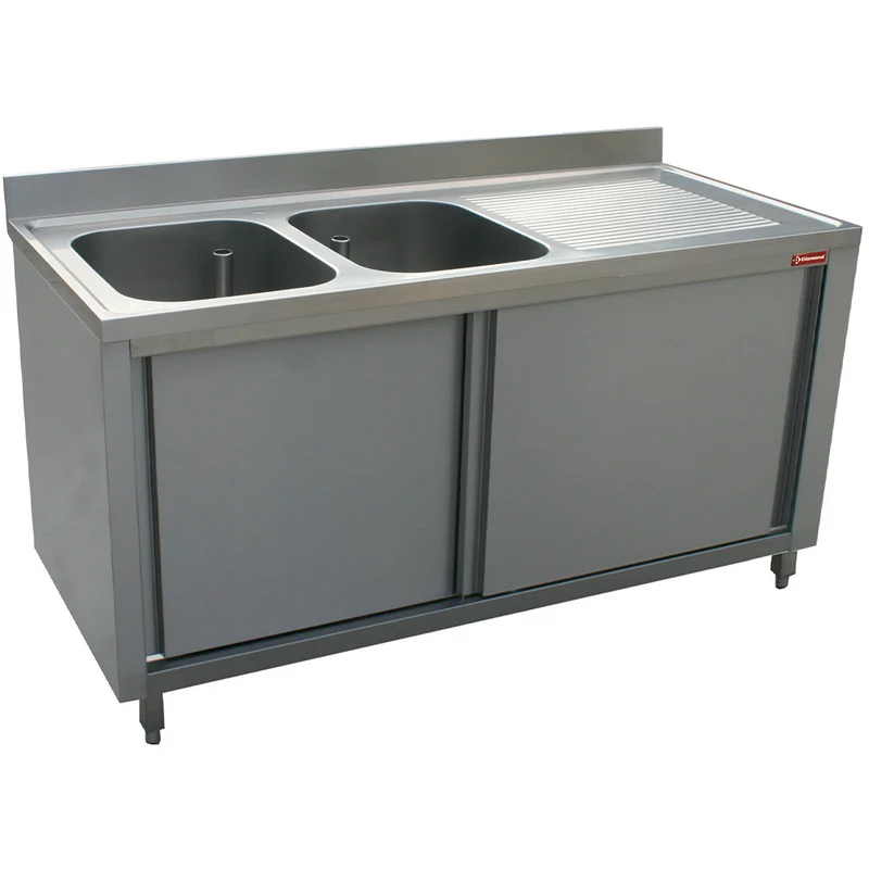 Spültisch 2 Becken 600x500x325, Ablauffläche rechts, auf Unterschrank mit 2 Schiebetüren - L2021D-AS-D
