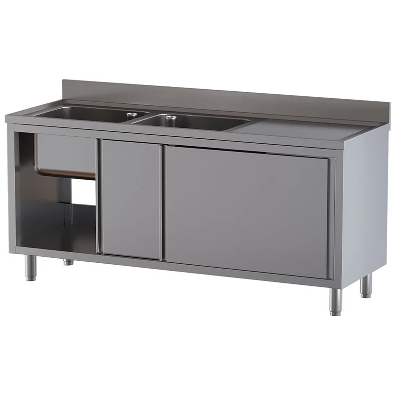Spültisch mit 2 Becken 500×500×300, Abtropffläche rechts, auf Unterschrank mit 2 Schiebetüren - L1821/AD-SD8