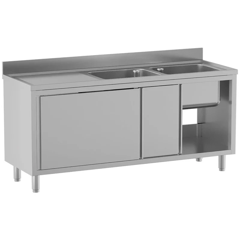 Spültisch mit 2 Becken 500×500×300, Abtropffläche links, auf Unterschrank mit 2 Schiebetüren - L1621/AD-SS7