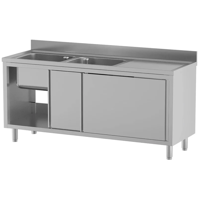 Spültisch mit 2 Becken 500×500×300, Abtropffläche rechts, auf Unterschrank mit 2 Schiebetüren - L1621/AD-SD7