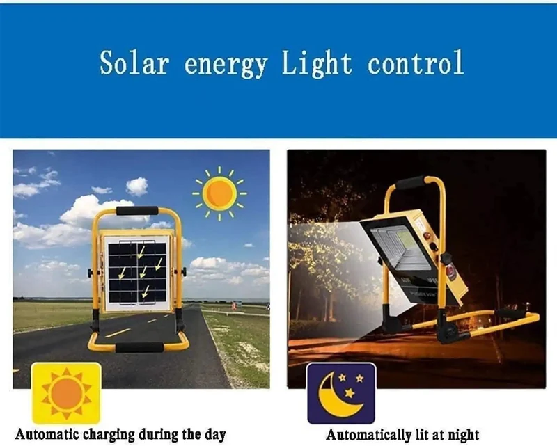 Heavy-Duty 50W Solar Rechargeable LED Floodlight With Strobe And Red Blue Emergency Warning Lights Rugged Waterproof Work Lamp For Outdoor Security Tailgate Camping And Pro Job Sites Beast Mode Lighting