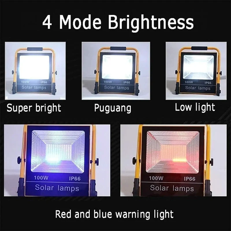 Heavy-Duty 50W Solar Rechargeable LED Floodlight With Strobe And Red Blue Emergency Warning Lights Rugged Waterproof Work Lamp For Outdoor Security Tailgate Camping And Pro Job Sites Beast Mode Lighting