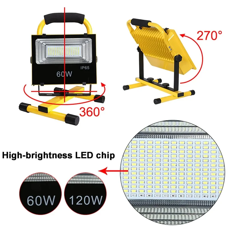 Portable 60W And 120W Led Floodlight Built For Rough Outdoor Jobs Featuring Ip65 Weatherproof Aluminum Housing With 360 Degree Rotating Base And Detachable Stand For Hella Bright Work Zone Lighting