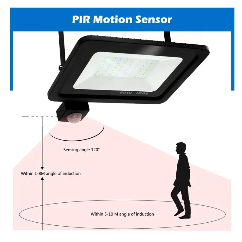 Straight Up Heavy Duty PIR Motion Sensor LED Flood Light Dang Solid Waterproof Wall Security Spotlight Plug And Play Outdoor Yard Garden Patio Lighting 30W 50W 100W 6000K Cold White