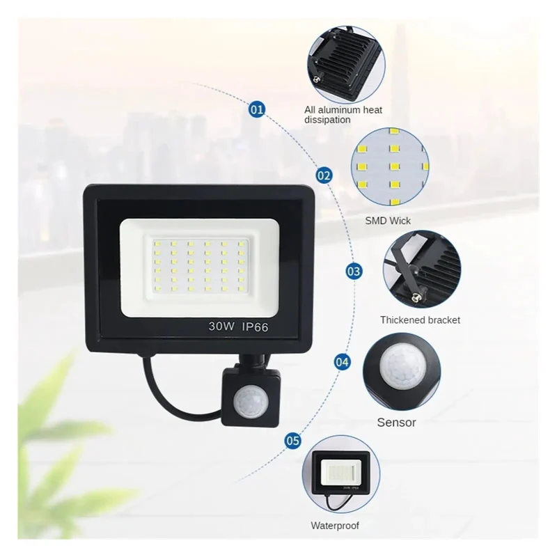 Straight Up Heavy Duty PIR Motion Sensor LED Flood Light Dang Solid Waterproof Wall Security Spotlight Plug And Play Outdoor Yard Garden Patio Lighting 30W 50W 100W 6000K Cold White