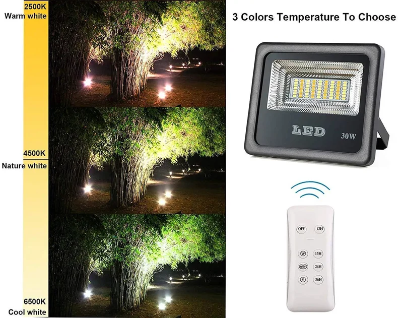 Built Tough 30W LED Solar Flood Lights With Remote Smart Motion Sensor Dual Color Temperature IP66 Weatherproof Outdoor Security Lighting No Fuss Power Storage