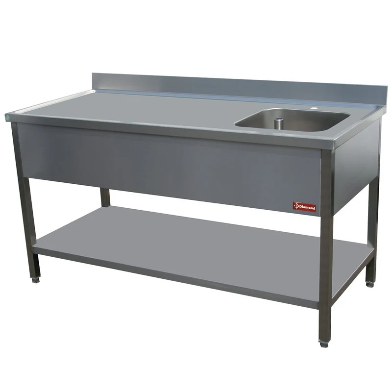 Edelstahl-Spültisch , 1 Becken rechts , 1400 x 700 mm , mit Grundboden & Aufkantung, TV1471D-D