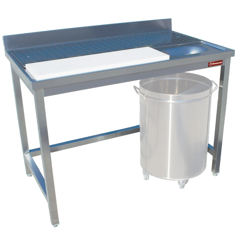 Profi Edelstahl-Arbeitstisch für Fisch & Fleisch , 1200 mm , mit Ablauf & Abfallschacht, TPC1270D