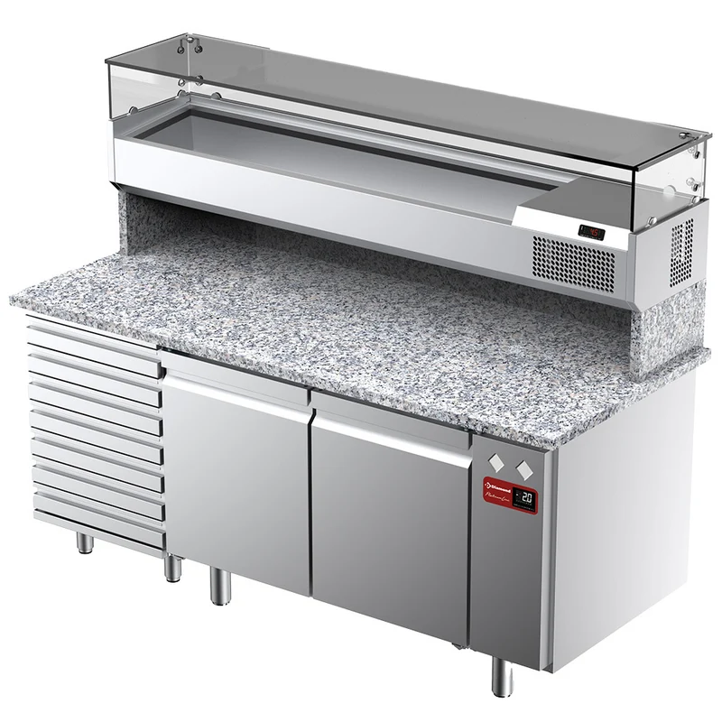 Pizzakühltisch mit Granitplatte und Kühlaufsatz , 2 Türen & 7 Schubladen, 185 cm, TPC-185/PL5