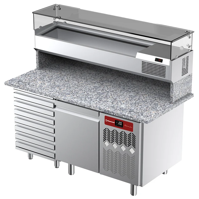 Pizzakühltisch mit Granit-Arbeitsplatte & Kühlaufsatz , 165 cm , 1 Tür & 7 Schubladen, TPC-165/PL2