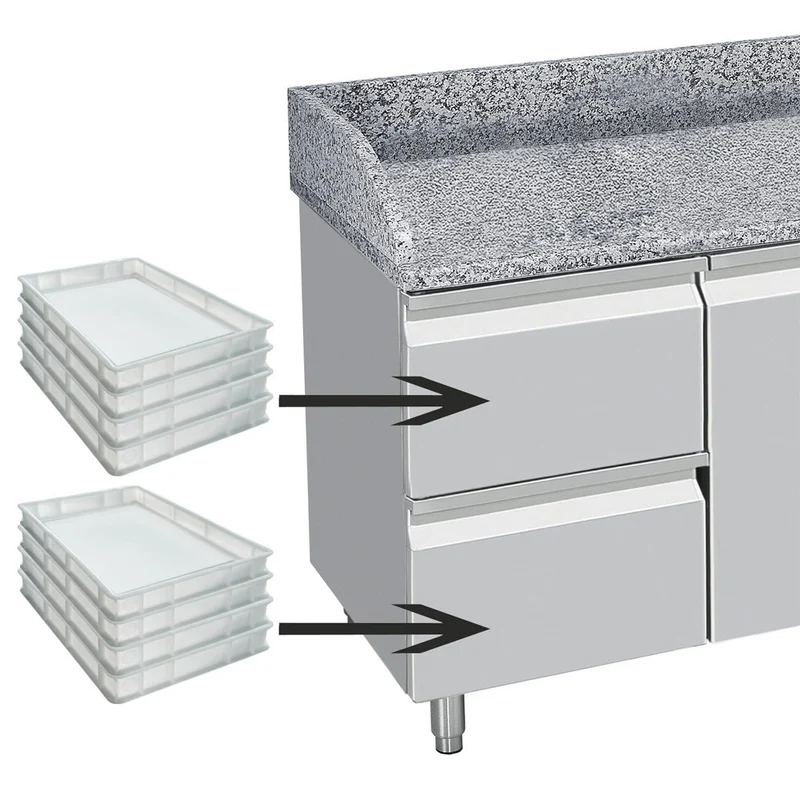 Kühltisch 3 Türen 600x400, 2 neutrale Schubladen (8x Behälter 600x400) + Schubladen für Utensilien - TP361/P9