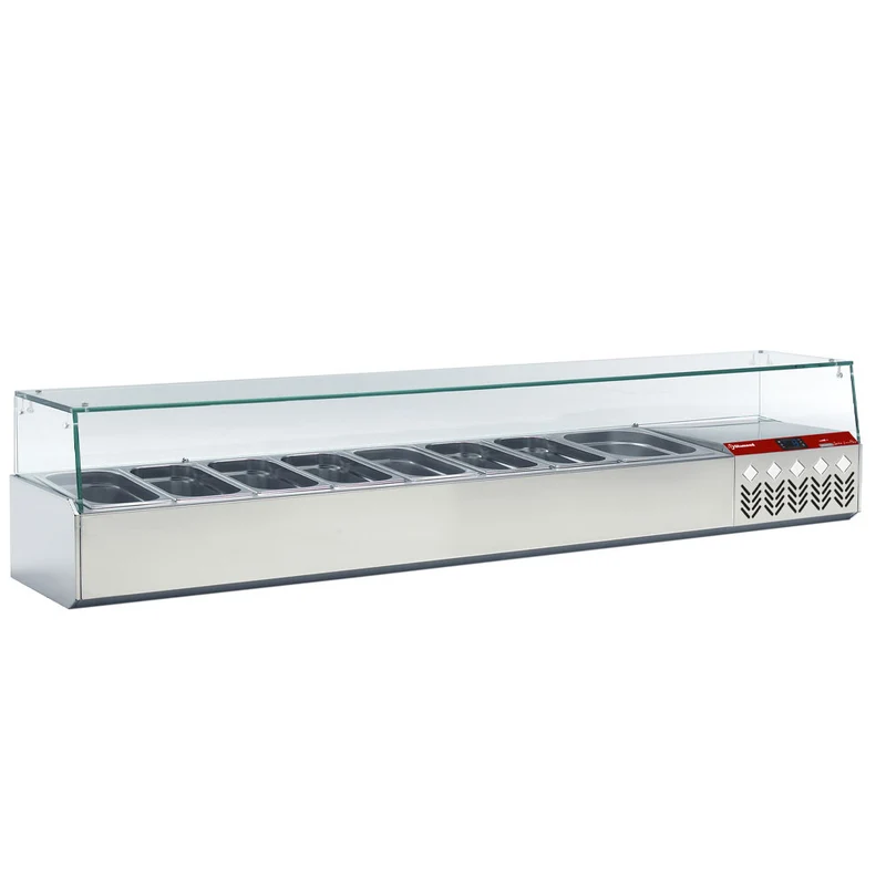 Professioneller Kühltisch mit Kühlaufsatzvitrine , 202 cm Breite, TP261/P9_SY198G/PP9