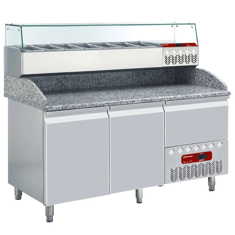 Pizzakühltisch mit Kühlaufsatzvitrine , 161 cm, TP23/P9_SX160G/PP9