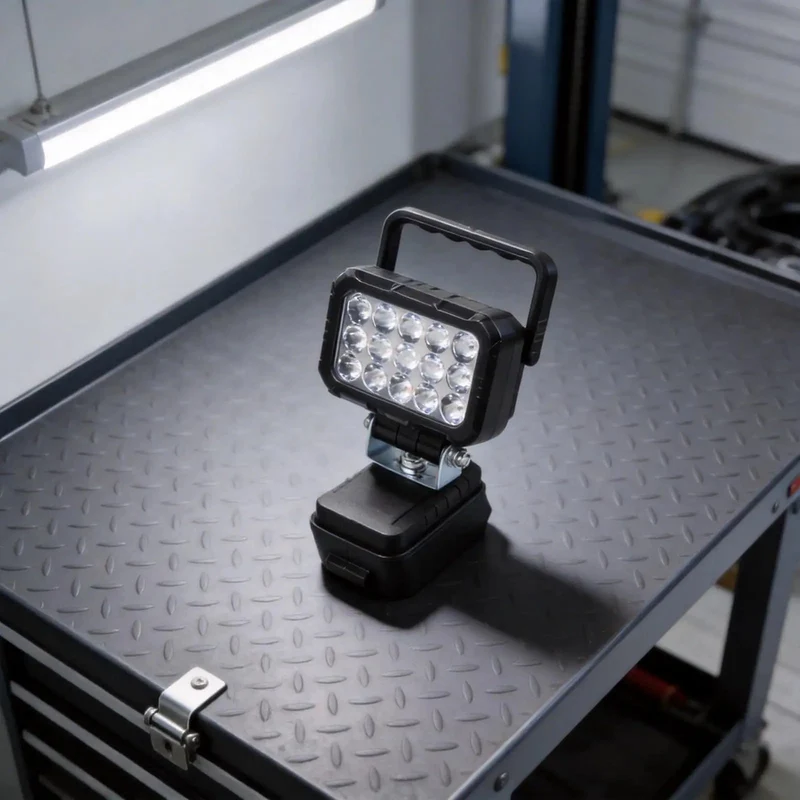Heavy Duty ABS Flood Lamp Featuring 15 Bright LEDs Powered By 18V Li-ion Batteries Works With DCB200 And DCB210 Series Rechargeable Pack Injection Molded Body For Jobsite Tasks And Home Improvement Needs A Real Boss Upgrade For Your Gear