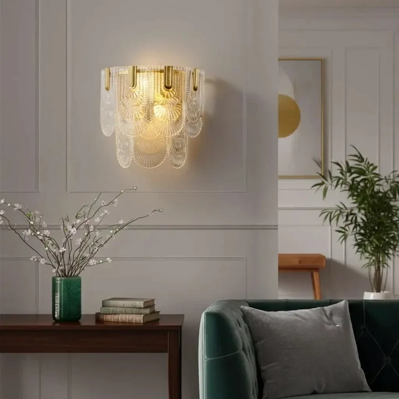 Modern Gold Brass Wall Sconce With Layered Textured Shell Glass Shade Ideal For Bedroom Living Room And Foyer Brings Next Level Ambiance That Truly Hits Different