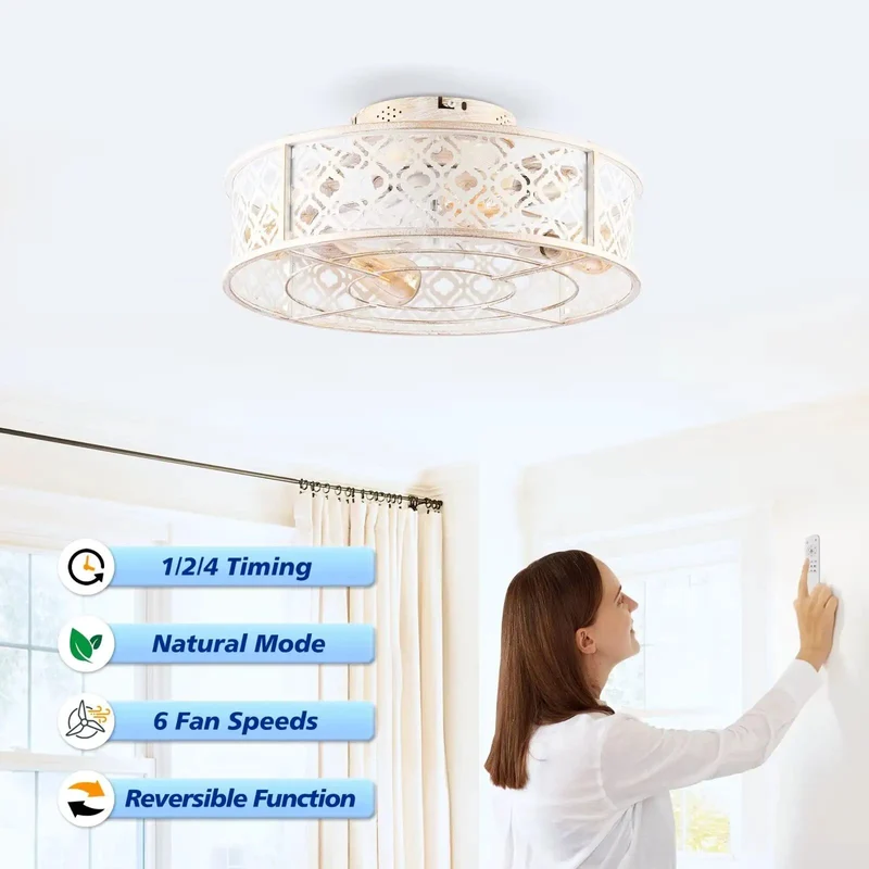 20 Inch Distressed White Retro Caged Ceiling Fan With Remote Flush Mount Hugger Low Profile Quiet Dc Motor Easy Breezy Zero Hassle Installation Sweet Bedroom Glow Four E26 Socket
