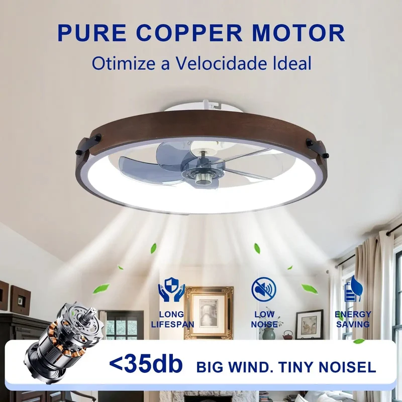 20-Inch Walnut Flush Mount Ceiling Fan With Slim Low Clearance Frame, Dead Silent Dc Motor, Reversible Wind Flow, Three Bright Premium Led Shades, And Zero Drama Wireless Remote Setup