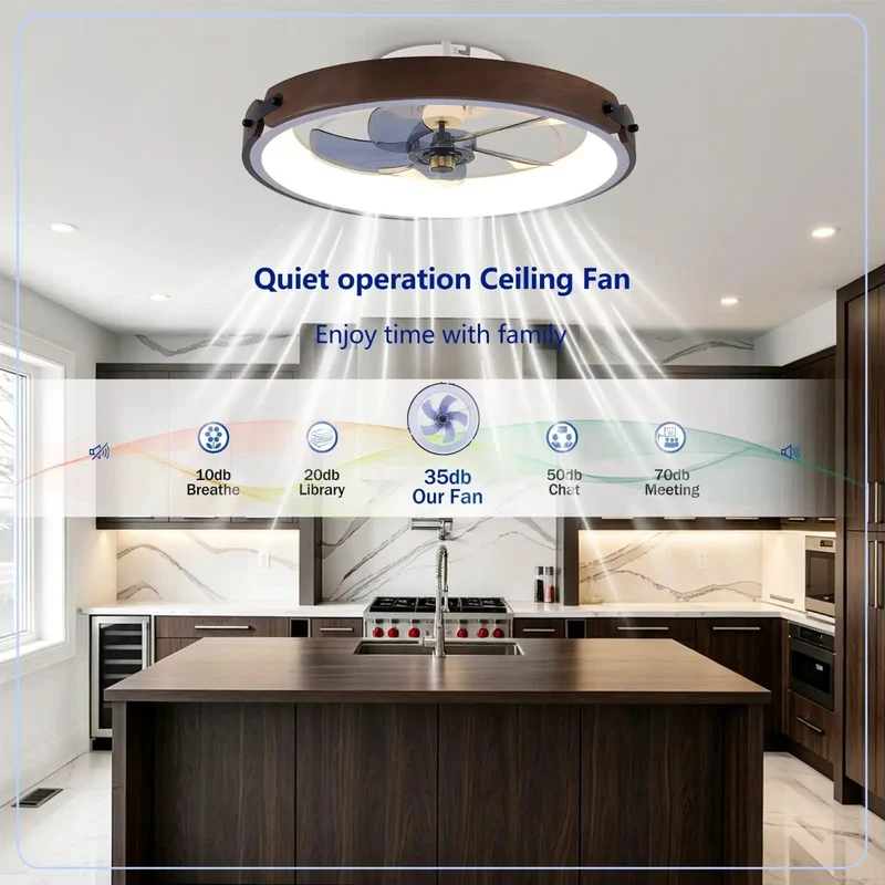 20-Inch Walnut Flush Mount Ceiling Fan With Slim Low Clearance Frame, Dead Silent Dc Motor, Reversible Wind Flow, Three Bright Premium Led Shades, And Zero Drama Wireless Remote Setup