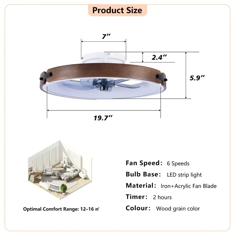 20-Inch Walnut Flush Mount Ceiling Fan With Slim Low Clearance Frame, Dead Silent Dc Motor, Reversible Wind Flow, Three Bright Premium Led Shades, And Zero Drama Wireless Remote Setup