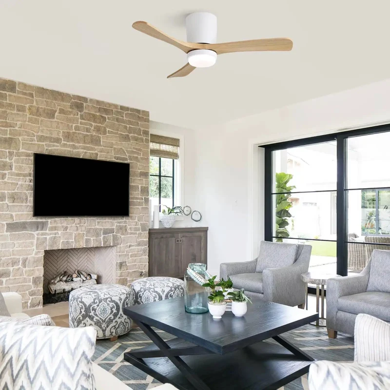 Slick 42 Inch Low Profile Ceiling Fan With Matte White Trim And Natural Wood Blades Flush Mount Hugger Design Run Smooth Reversible DC Motor Handy Remote Plus Lock In Timer And Vivid Dimmable Led Room Glow