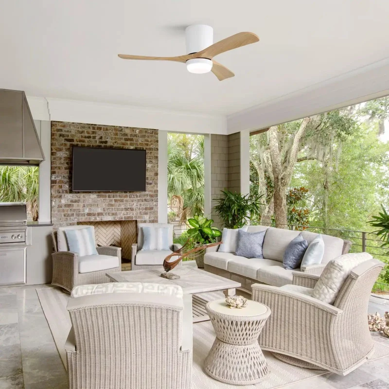 Slick 42 Inch Low Profile Ceiling Fan With Matte White Trim And Natural Wood Blades Flush Mount Hugger Design Run Smooth Reversible DC Motor Handy Remote Plus Lock In Timer And Vivid Dimmable Led Room Glow