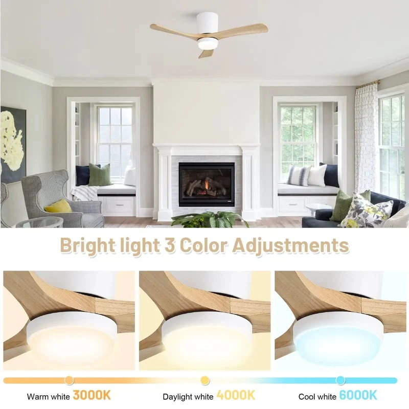 Slick 42 Inch Low Profile Ceiling Fan With Matte White Trim And Natural Wood Blades Flush Mount Hugger Design Run Smooth Reversible DC Motor Handy Remote Plus Lock In Timer And Vivid Dimmable Led Room Glow