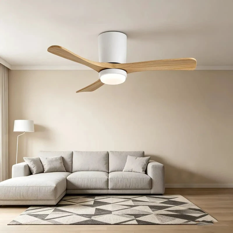 Slick 42 Inch Low Profile Ceiling Fan With Matte White Trim And Natural Wood Blades Flush Mount Hugger Design Run Smooth Reversible DC Motor Handy Remote Plus Lock In Timer And Vivid Dimmable Led Room Glow