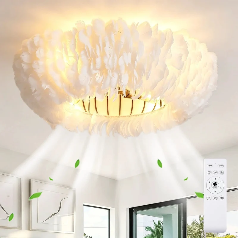 Twenty Inch Flush Mount Ceiling Fan With Remote And Chandelier Light Featuring Six Speed Dc Motor And Reversible Feather Styled Blades For Smooth Sailing And Zero Fuss Comfort