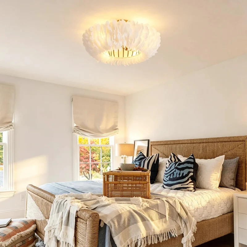 Twenty Inch Flush Mount Ceiling Fan With Remote And Chandelier Light Featuring Six Speed Dc Motor And Reversible Feather Styled Blades For Smooth Sailing And Zero Fuss Comfort