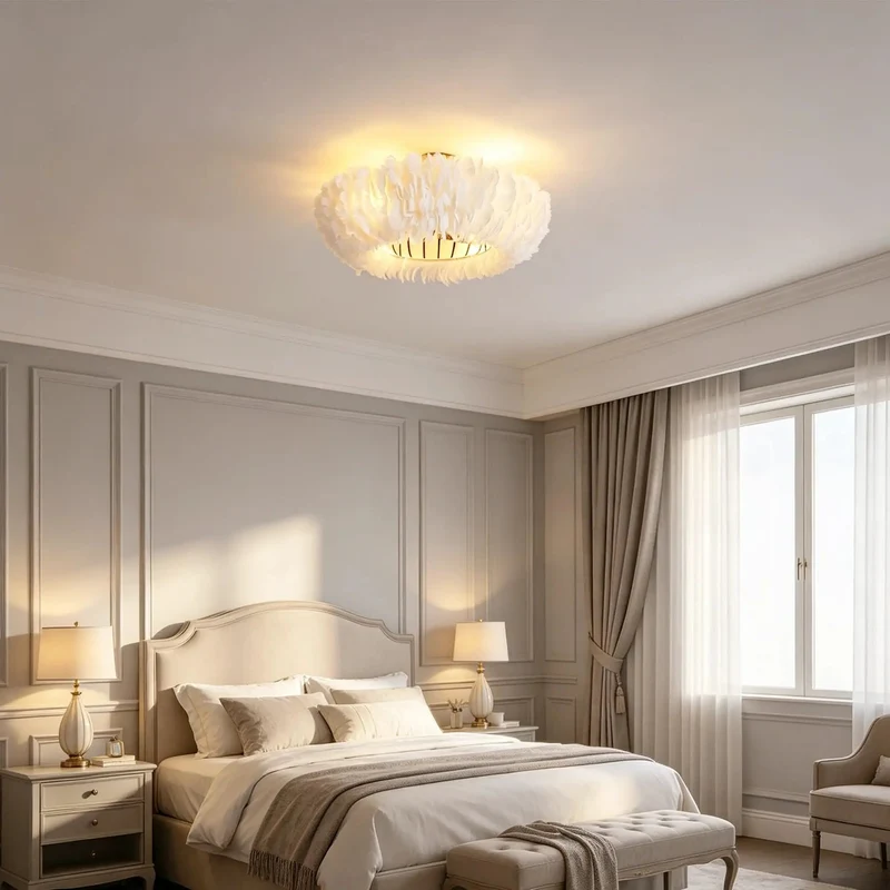 Twenty Inch Flush Mount Ceiling Fan With Remote And Chandelier Light Featuring Six Speed Dc Motor And Reversible Feather Styled Blades For Smooth Sailing And Zero Fuss Comfort