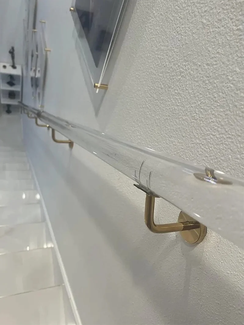 Straight Up Heavy Duty Clear Acrylic Stair Handrail With Solid Gold Wall Mount Brackets Non Slip Interior Banister For Dead Solid Safety On Every Step And Smooth Custom Fits