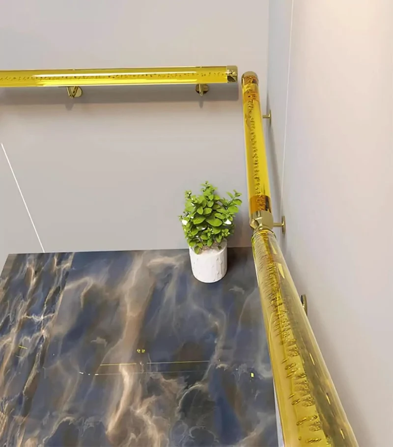 Clear Acrylic Stair Handrail With Gold Brackets Non Slip Step Banister Heavy Duty Wall Railing For Interior And Exterior Stairs Sick Finish Foolproof Install Dead Serious Grip Quick Home Glow Up