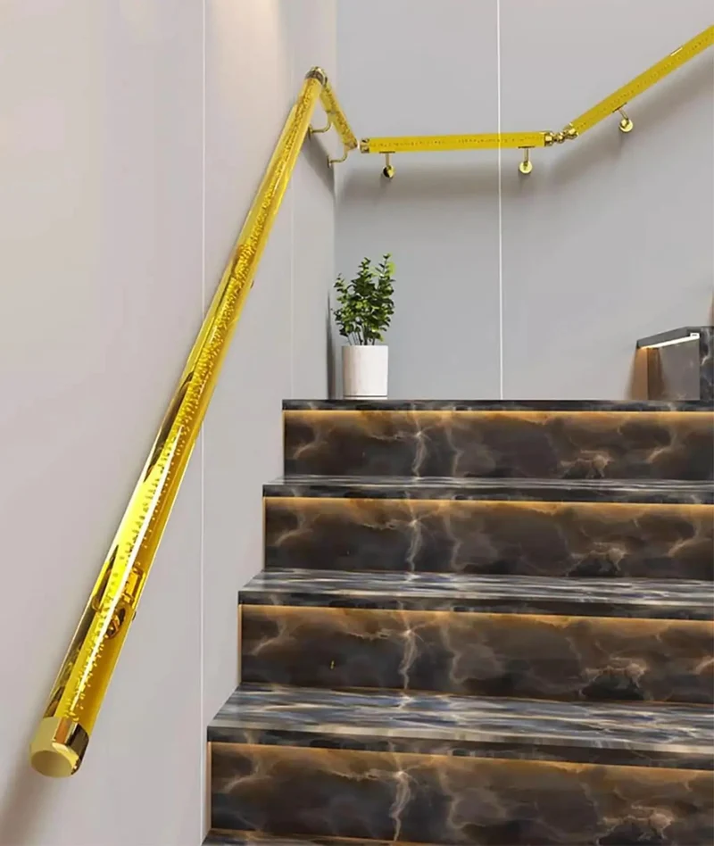 Clear Acrylic Stair Handrail Featuring Rock Solid Gold Wall Brackets And Slick Non Slip Grip With Custom Cut Length For Indoor Outdoor Stairway Wall Mount Tough Safety Banister Kit