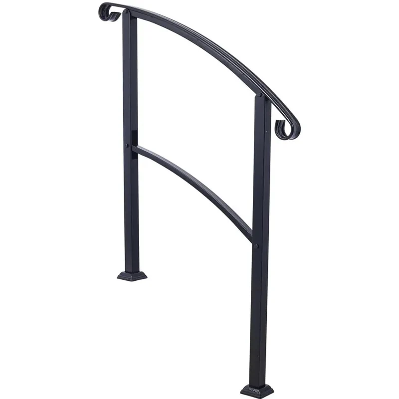 Rock Solid Wrought Iron Handrail For Outdoor Steps, Black Metal Stair Railing With Curved Non Slip Grip, No Sweat Quick Install System For One To Three Porch Stairs