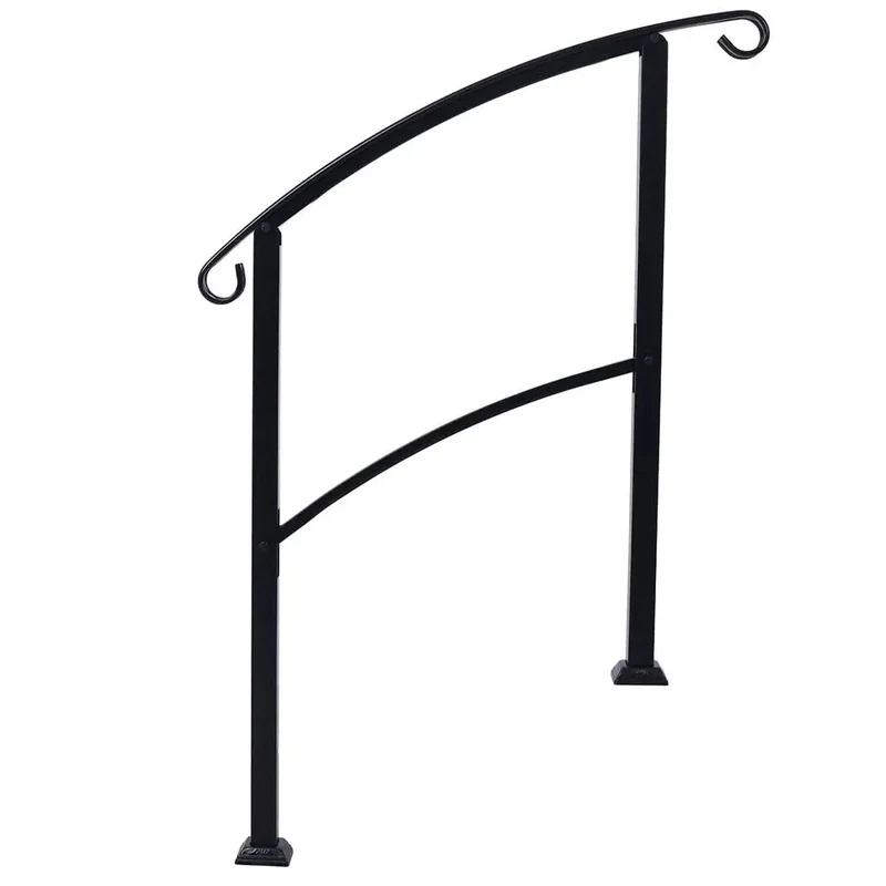 Rock Solid Wrought Iron Handrail For Outdoor Steps, Black Metal Stair Railing With Curved Non Slip Grip, No Sweat Quick Install System For One To Three Porch Stairs
