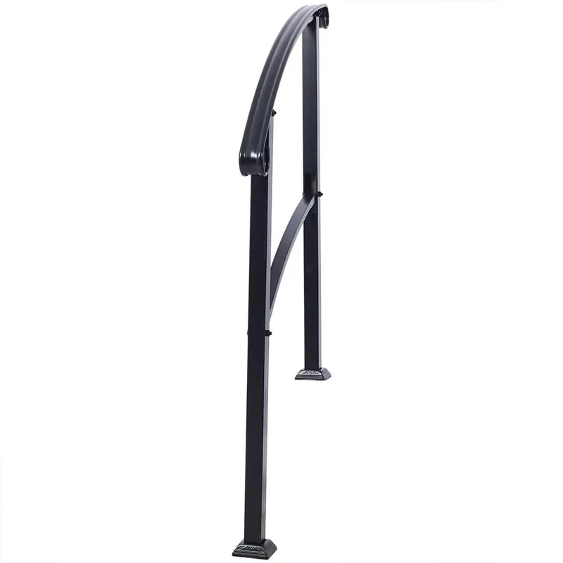 Rock Solid Wrought Iron Handrail For Outdoor Steps, Black Metal Stair Railing With Curved Non Slip Grip, No Sweat Quick Install System For One To Three Porch Stairs
