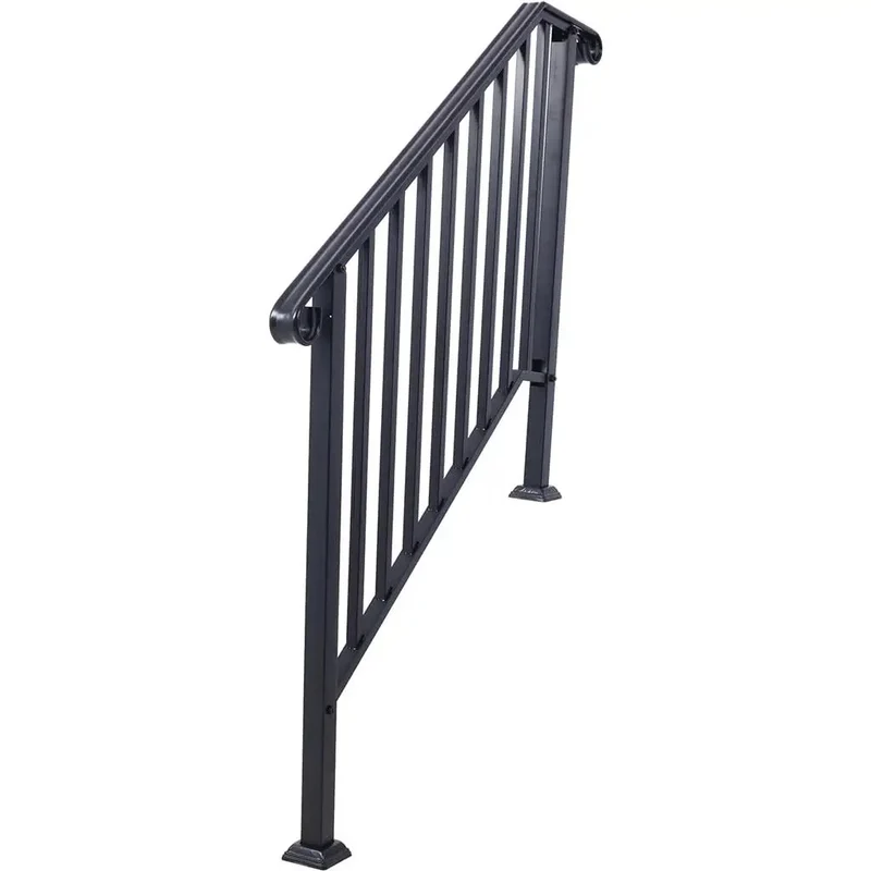 Heavy Duty Wrought Iron Handrail For Outdoor Steps Three Step Staircase Flat Out Tough Rustproof Powder Coated Metal Picket Railing Quick Clip Install For Concrete Porch Garden Walkway