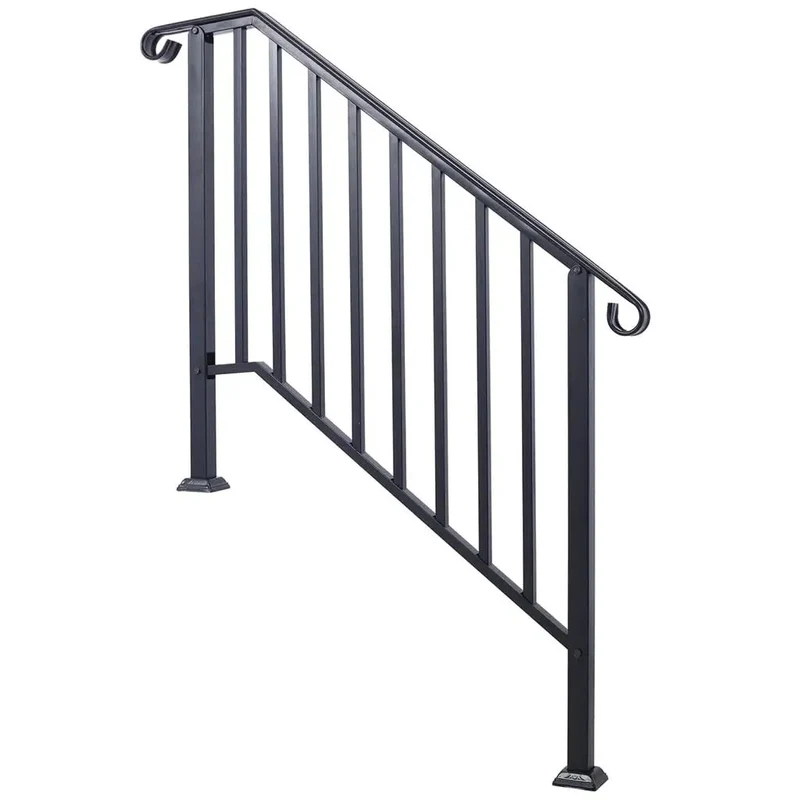 Heavy Duty Wrought Iron Handrail For Outdoor Steps Three Step Staircase Flat Out Tough Rustproof Powder Coated Metal Picket Railing Quick Clip Install For Concrete Porch Garden Walkway