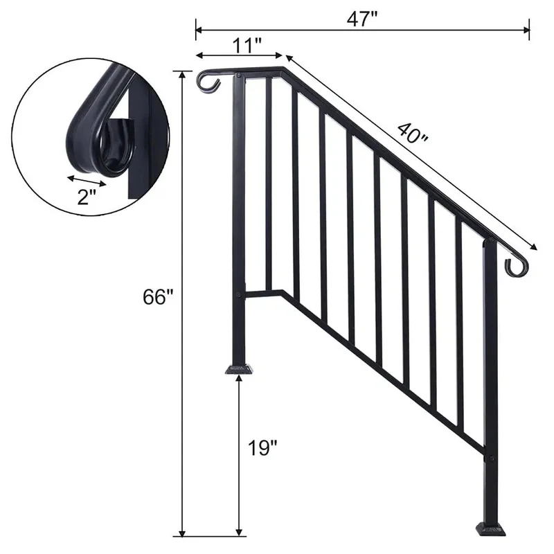 Heavy Duty Wrought Iron Handrail For Outdoor Steps Three Step Staircase Flat Out Tough Rustproof Powder Coated Metal Picket Railing Quick Clip Install For Concrete Porch Garden Walkway